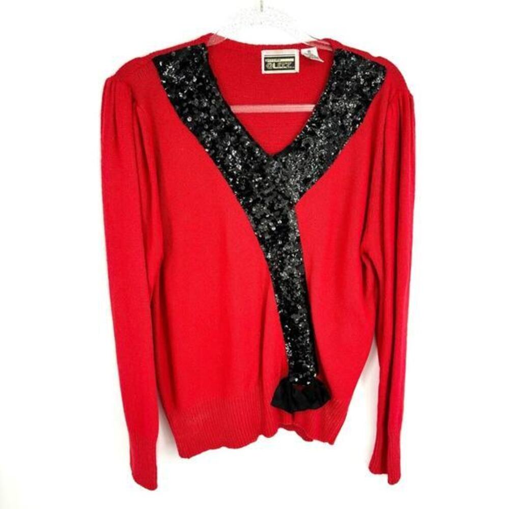 Vintage Red Sweater Size Medium Sequins Bow Silk Angora Bow Sexy Glam